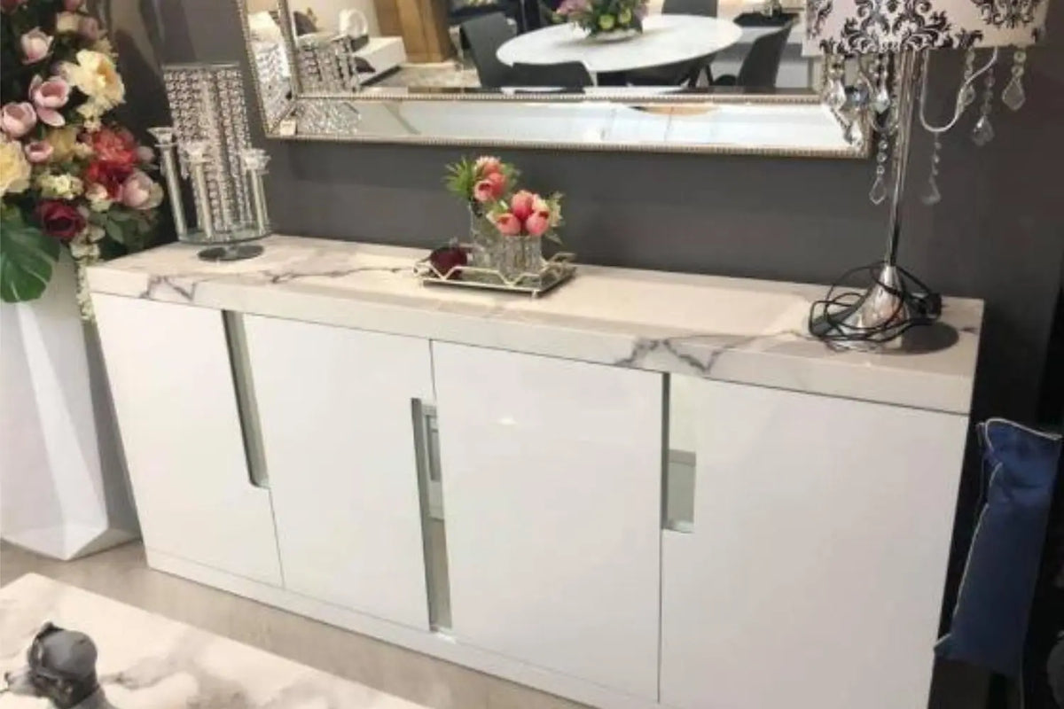Monaco High Gloss and Marble Top Buffet - White 