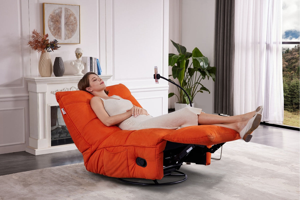 caterpillar sofa orange with model on